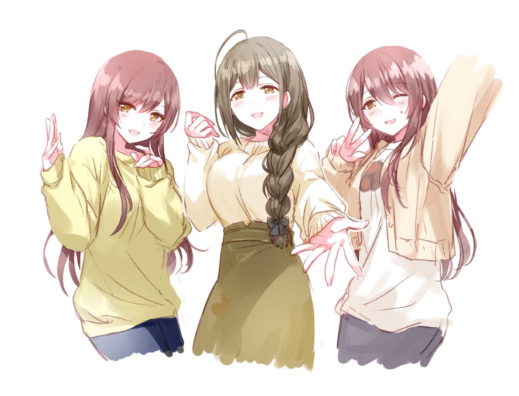 3girls ahoge alstroemeria_(idolmaster) arm_up bangs blush braid braided_ponytail brown_eyes brown_hair eyebrows_visible_through_hair hair_between_eyes hair_over_shoulder idolmaster idolmaster_shiny_colors jacket kuwayama_chiyuki long_braid long_hair long_sleeves looking_at_viewer multiple_girls one_eye_closed oosaki_amana oosaki_tenka open_mouth romi_(346_ura) siblings single_braid sisters skirt sleeves_past_wrists smile sweater swept_bangs twins v yellow_eyes