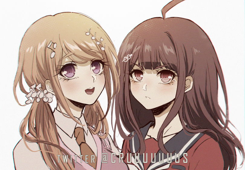 2girls :d ahoge akamatsu_kaede alternate_hairstyle bangs blonde_hair blush brown_hair collarbone collared_shirt criis-chan dangan_ronpa_(series) dangan_ronpa_v3:_killing_harmony english_commentary eyebrows_visible_through_hair hair_ornament hairclip harukawa_maki long_hair looking_at_viewer low_twintails mole mole_under_eye multiple_girls musical_note_hair_ornament necktie open_mouth parted_lips pink_vest portrait red_shirt sailor_collar school_uniform scrunchie shirt smile twintails twitter_username upper_teeth vest