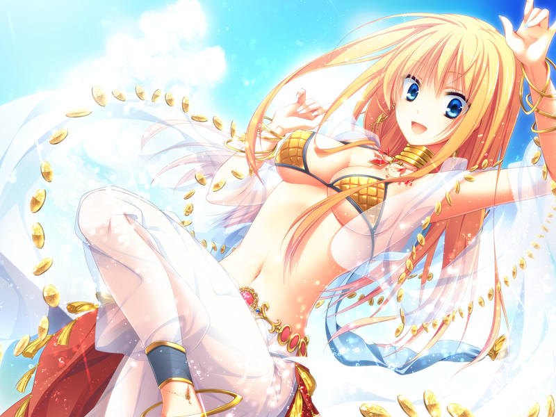1girl :d akira_(139931) anklet arm_up bangs bikini blonde_hair blue_eyes blue_sky bracelet breasts cape choker clouds commentary_request cowboy_shot dancer_(ragnarok_online) day dutch_angle gem hair_between_eyes harem_pants jewelry leg_up long_hair looking_at_viewer medium_breasts midriff navel necklace ocean open_mouth outdoors pants ragnarok_online red_cape see-through sequins shawl sky smile solo swimsuit waist_cape water white_pants yellow_bikini