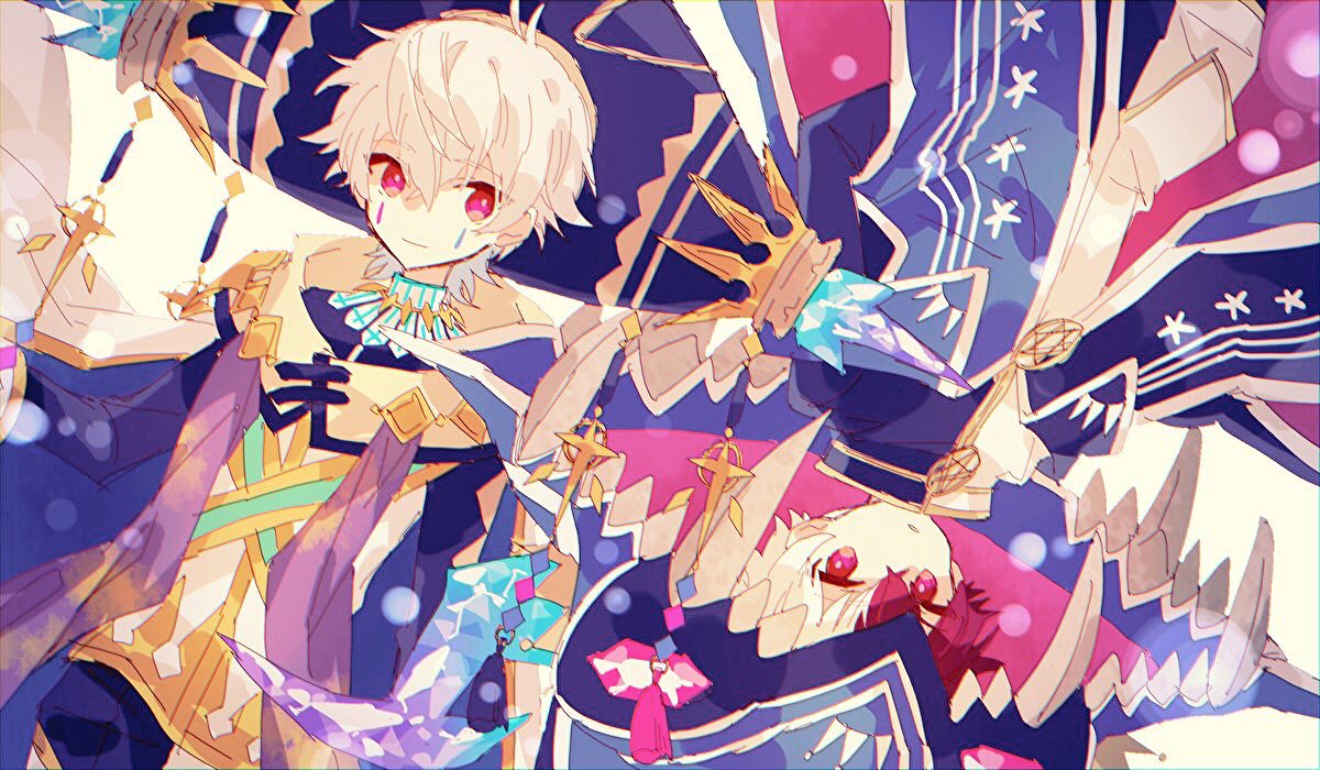 2boys armlet bangs blue_headwear blue_robe character_request eyebrows_visible_through_hair hair_between_eyes hat hibi89 jewelry looking_at_viewer male_focus merc_storia multicolored_hair multiple_boys red_eyes sash short_hair smile tagme two-tone_hair white_hair white_robe wide_sleeves wizard_hat