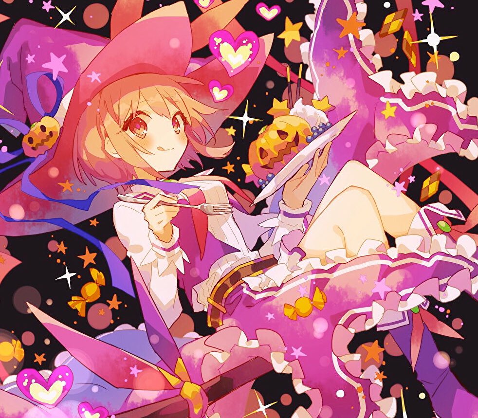 1girl :q bangs blueberry blush boots broom broom_riding brown_hair cream eyebrows_visible_through_hair food fork frilled_skirt frills fruit hat heart hibi89 holding holding_fork holding_plate jack-o'-lantern looking_at_viewer merc_storia orange_eyes pink_skirt plate pocky purple_footwear shirt short_hair skirt smile soiree_(merc_storia) solo star_(symbol) tongue tongue_out white_shirt witch_hat