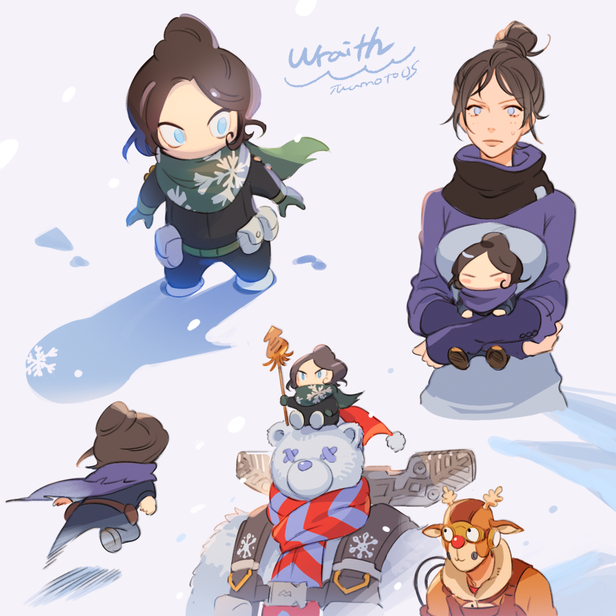 1girl 2boys alternate_costume animal_costume apex_legends bear_costume blue_eyes brown_hair chibi gibraltar_(apex_legends) goggles googly_eyes green_scarf hair_bun holding iwamoto_zerogo looking_ahead looking_to_the_side looking_up multiple_boys multiple_views octane_(apex_legends) on_head person_on_head purple_sweater reindeer_costume scarf snow surprised sweater wraith_(apex_legends) x_x