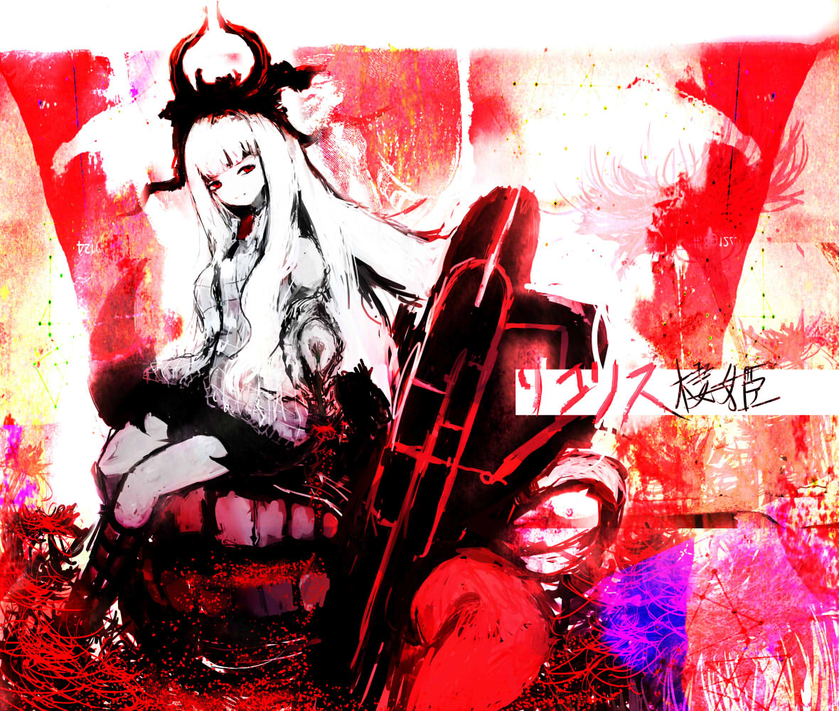 1girl abyssal_ship assi colored_skin flower headwear horns kantai_collection long_hair long_sleeves lycoris_princess red_eyes red_flower shirt solo w white_hair white_shirt