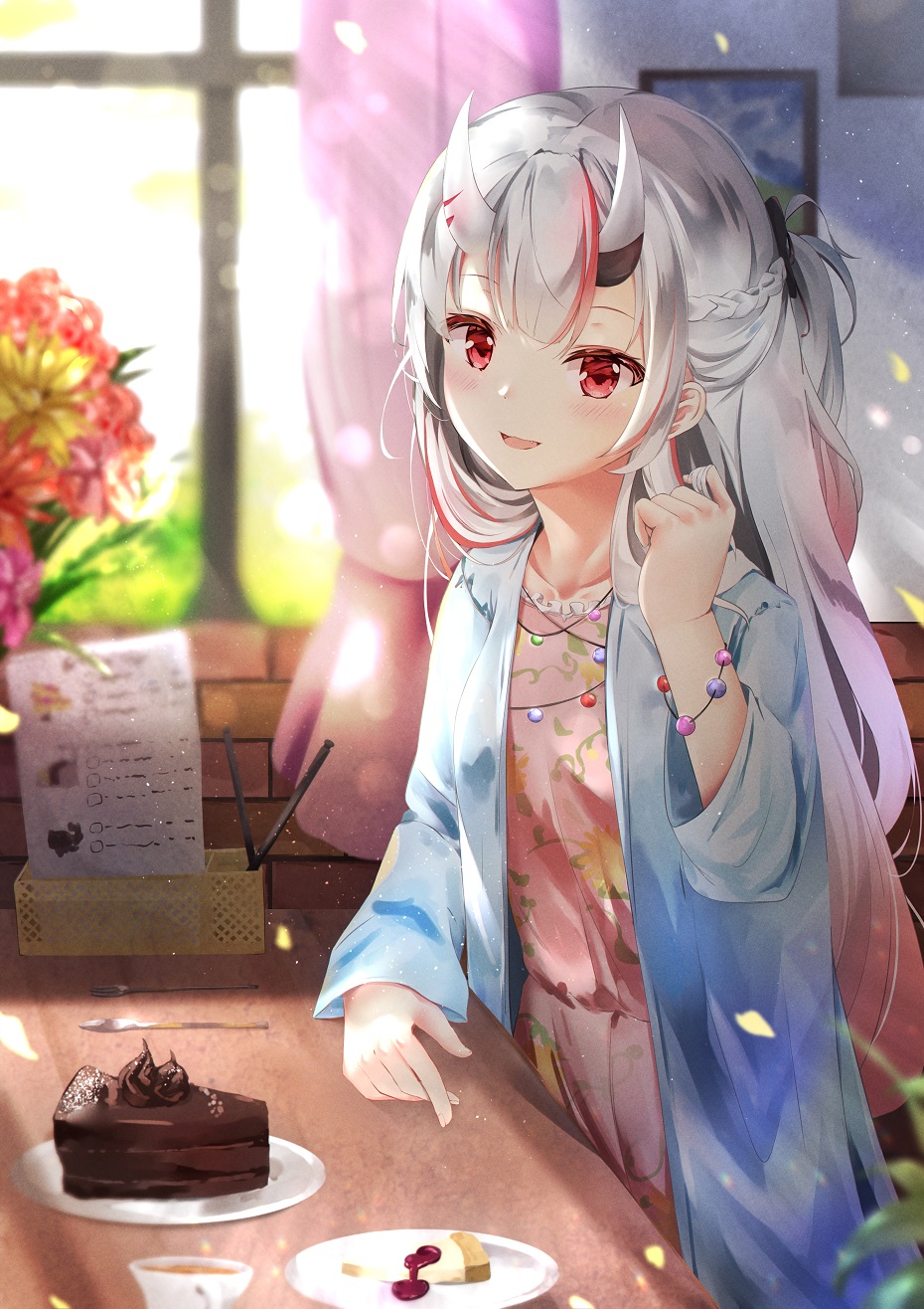1girl bangs bead_bracelet beads blue_jacket blush bracelet braid cake cake_slice chocolate_cake commentary_request day dress floral_print flower food gradient_hair hand_on_table hand_up highres hololive horns jacket jewelry long_sleeves looking_at_viewer multicolored_hair nakiri_ayame oni oni_horns open_clothes open_jacket pink_dress print_dress red_eyes redhead smile solo streaked_hair table u.b_m1s2s virtual_youtuber white_hair window
