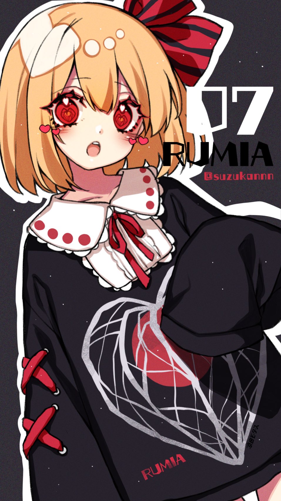 1girl alternate_costume bangs black_sweater blonde_hair blush casual character_name chinese_lantern_(plant) commentary contemporary cowboy_shot grey_background hair_ribbon hand_up heart heart-shaped_pupils highres kyouda_suzuka looking_at_viewer neck_ribbon open_mouth outline print_sweater red_eyes red_neckwear red_ribbon ribbon rumia short_hair sleeves_past_fingers sleeves_past_wrists solo sweater symbol-shaped_pupils touhou twitter_username white_outline