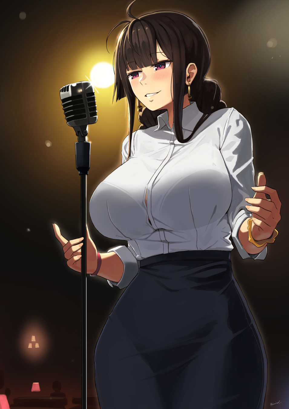 1girl ahoge bangs black_pants blush bracelet breasts brown_hair collared_shirt dsr-50_(girls_frontline) earrings girls_frontline high-waist_pants highres jewelry kion-kun lamp large_breasts long_hair microphone microphone_stand pants parted_lips red_eyes shirt shirt_tucked_in solo standing white_shirt
