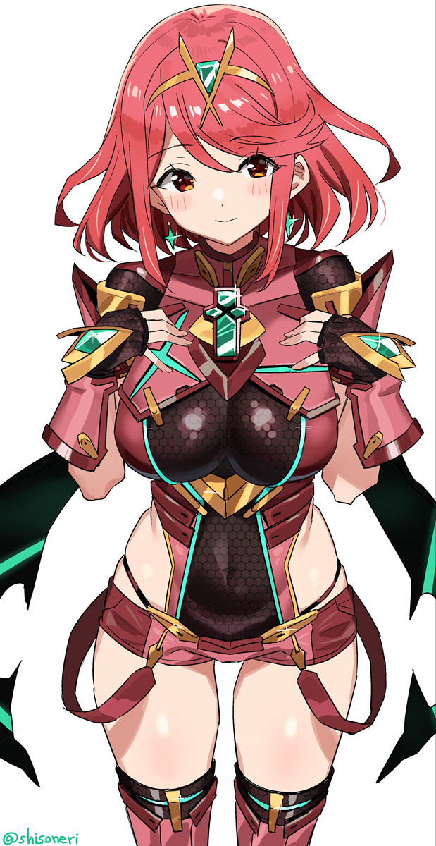 1girl armor bangs black_gloves blush breasts chest_jewel covered_navel earrings eyebrows_visible_through_hair fingerless_gloves gem gloves hands_on_own_chest headpiece highres jewelry large_breasts lips pyra_(xenoblade) red_eyes redhead shisoneri short_hair short_shorts shorts shoulder_armor smile solo swept_bangs thigh-highs thighs xenoblade_chronicles_(series) xenoblade_chronicles_2