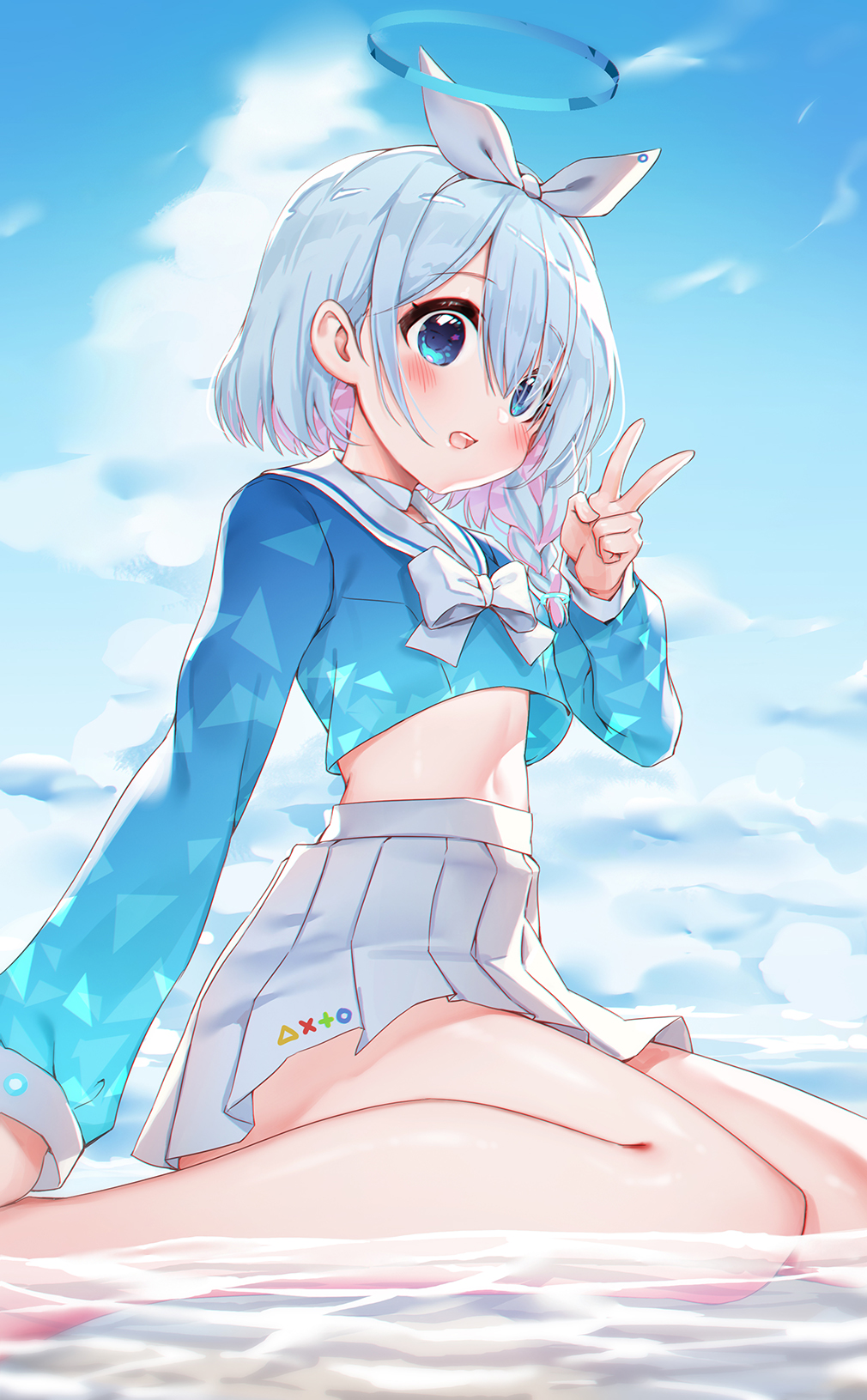 1girl arona_(blue_archive) blue_archive blue_eyes blue_hair blue_sky blush bow bowtie choker clouds day eyebrows_visible_through_hair eyes_visible_through_hair hairband halo highres legs long_sleeves midriff navel outdoors picter pleated_skirt sailor_collar short_hair sitting skirt sky solo v wariza water white_choker white_hairband white_neckwear white_sailor_collar white_skirt