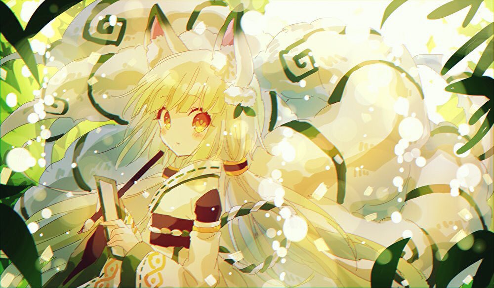 1girl animal_ear_fluff animal_ears bangs blush character_request closed_mouth detached_sleeves eyebrows_visible_through_hair fox_ears fox_girl fox_tail from_side hibi89 holding holding_paintbrush holding_paper japanese_clothes lens_flare long_hair long_sleeves looking_at_viewer looking_to_the_side merc_storia orange_eyes paintbrush paper solo tail very_long_hair white_hair wide_sleeves