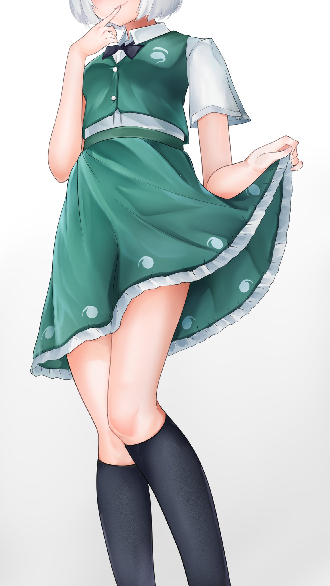 1girl 258n black_legwear black_neckwear bob_cut bow bowtie breasts covering_mouth frilled_skirt frills green_skirt green_vest hand_over_own_mouth highres konpaku_youmu shirt short_hair short_sleeves silver_hair simple_background skirt skirt_lift skirt_set small_breasts socks touhou vest white_background white_shirt