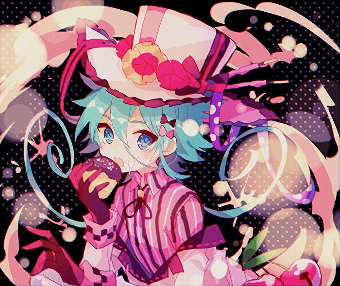 1girl aqua_eyes aqua_hair bangs bow character_request cherry coat cream cream_on_face doughnut eating food food_on_face fruit gloves hair_between_eyes hair_bow hat hibi89 holding long_sleeves looking_at_viewer merc_storia off-shoulder_coat open_mouth pink_bow red_gloves ribbon shirt short_hair solo striped striped_shirt top_hat vertical-striped_shirt vertical_stripes white_coat white_headwear