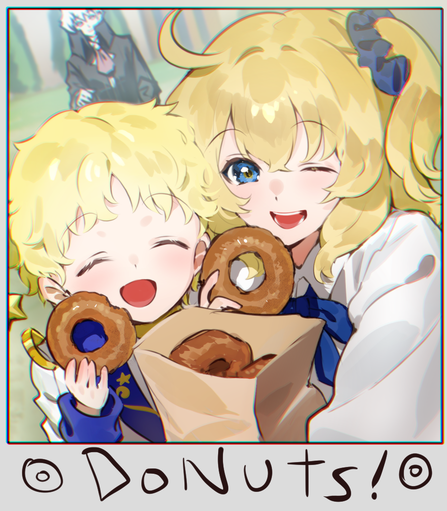 1girl 2boys ahoge alternate_eye_color alternate_hair_color bag bangs blonde_hair blue_eyes blush breasts charles-henri_sanson_(fate) collared_shirt doughnut dress_shirt fate/grand_order fate/requiem fate_(series) food fujimaru_ritsuka_(female) galibo hair_ornament hair_scrunchie long_sleeves looking_at_viewer multiple_boys one_side_up open_mouth paper_bag parted_bangs scrunchie shirt short_hair smile voyager_(fate) white_shirt