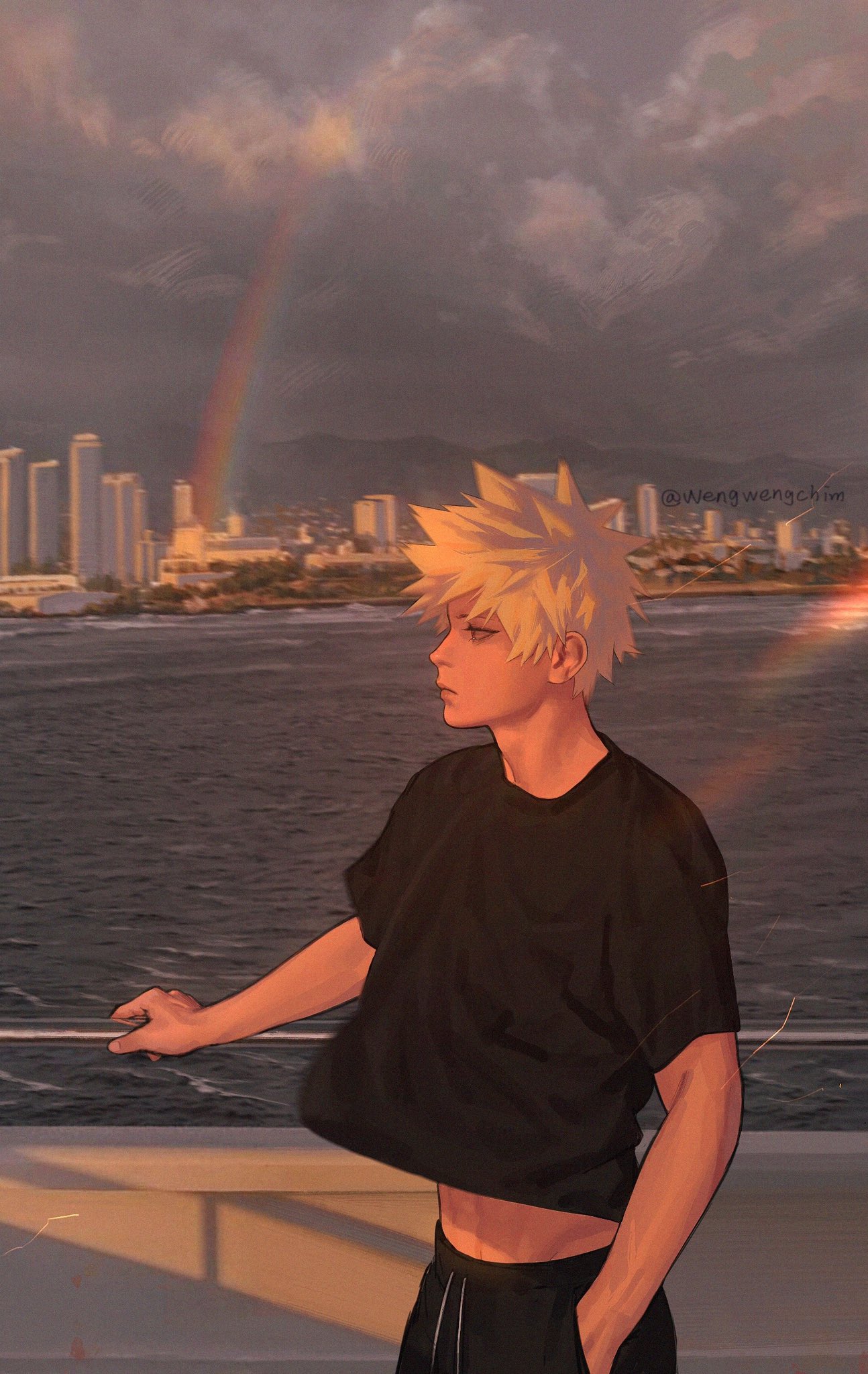 1boy alternate_costume artist_name bakugou_katsuki black_pants black_shirt blonde_hair boku_no_hero_academia cityscape closed_mouth clouds cloudy_sky cowboy_shot day from_side frown hand_in_pocket highres male_focus outdoors pants profile river shirt short_hair short_sleeves sky solo spiky_hair t-shirt water wengwengchim