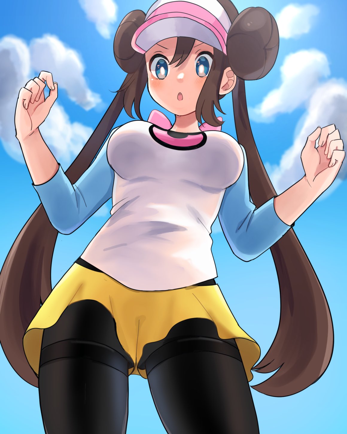 1girl :o bangs black_legwear blue_eyes blush bow breasts bright_pupils brown_hair clouds commentary_request day double_bun from_below hair_between_eyes hands_up highres legwear_under_shorts long_hair open_mouth outdoors pantyhose pink_bow pokemon pokemon_(game) pokemon_bw2 raglan_sleeves ririmon rosa_(pokemon) shirt short_shorts shorts sidelocks sky sleeves_past_elbows solo tongue twintails visor_cap w_arms yellow_shorts