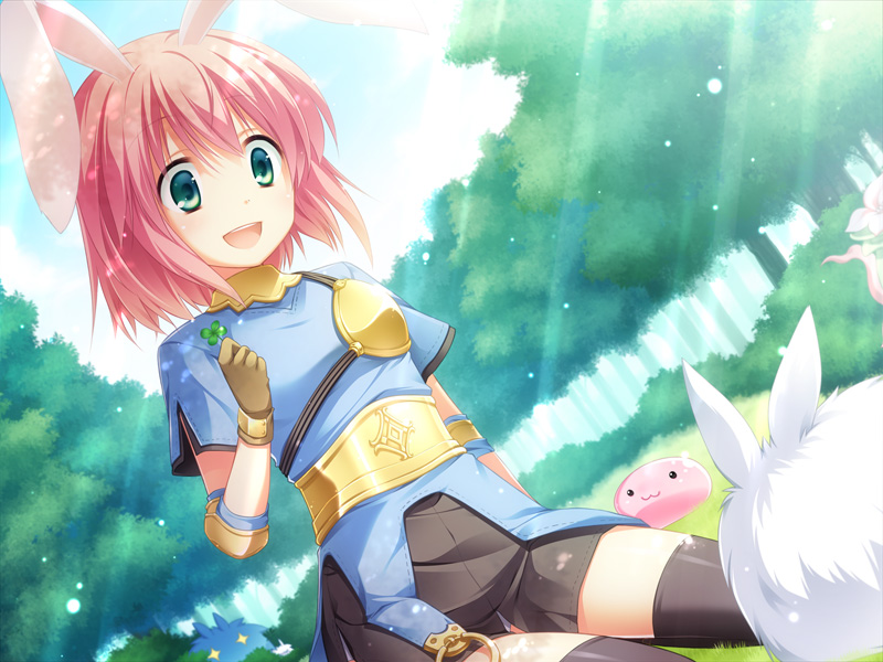 +_+ 1girl :3 :d akira_(139931) animal_ears archer_(ragnarok_online) bangs belt black_legwear blue_shirt brown_skirt bush clover commentary cowboy_shot day dress dust_particles dutch_angle eclipse_(ragnarok_online) forest four-leaf_clover grass green_eyes hair_between_eyes looking_down lunatic_(ragnarok_online) mandragora_(ragnarok_online) muneate nature open_mouth outdoors pink_hair poring rabbit rabbit_ears ragnarok_online shirt short_dress short_hair short_sleeves sitting skirt slime_(creature) smile sunlight thigh-highs tree