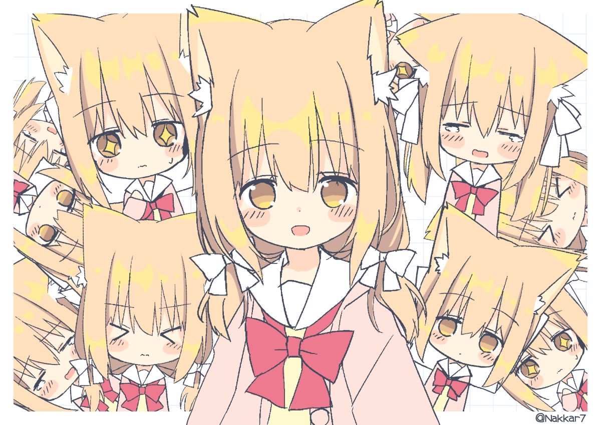 +_+ 1girl :d animal_ear_fluff animal_ears blush_stickers bow brown_eyes brown_hair chibi commentary_request hair_bow jacket long_hair looking_at_viewer low_twintails miike-chan multiple_views nakkar open_clothes open_jacket open_mouth original pink_jacket red_bow sailor_collar school_uniform serafuku shirt smile twintails twitter_username white_background white_bow white_sailor_collar yellow_shirt