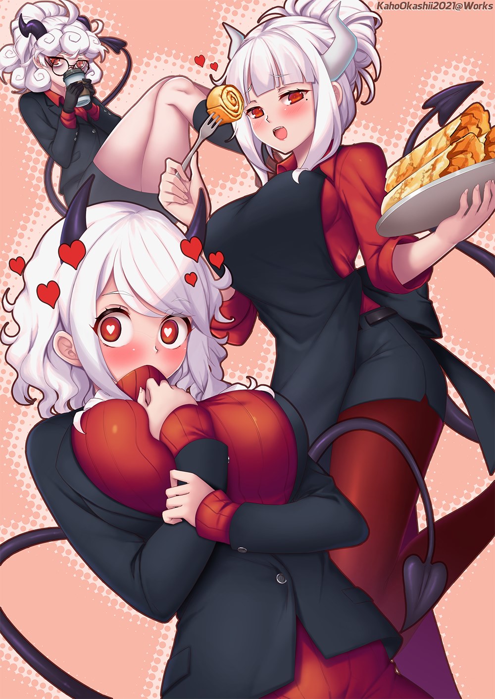 3girls apron black_apron black_coat black_gloves black_horns breasts coat cup curly_hair demon_girl demon_horns demon_tail food glasses gloves heart heart-shaped_pupils helltaker highres holding holding_cup holding_plate horns kaho_okashii large_breasts long_sleeves looking_at_viewer lucifer_(helltaker) modeus_(helltaker) multiple_girls pancake pandemonica_(helltaker) pantyhose plate ponytail red_eyes red_legwear red_shirt red_sweater ribbed_sweater shirt short_hair sweater symbol-shaped_pupils tail white_hair white_horns