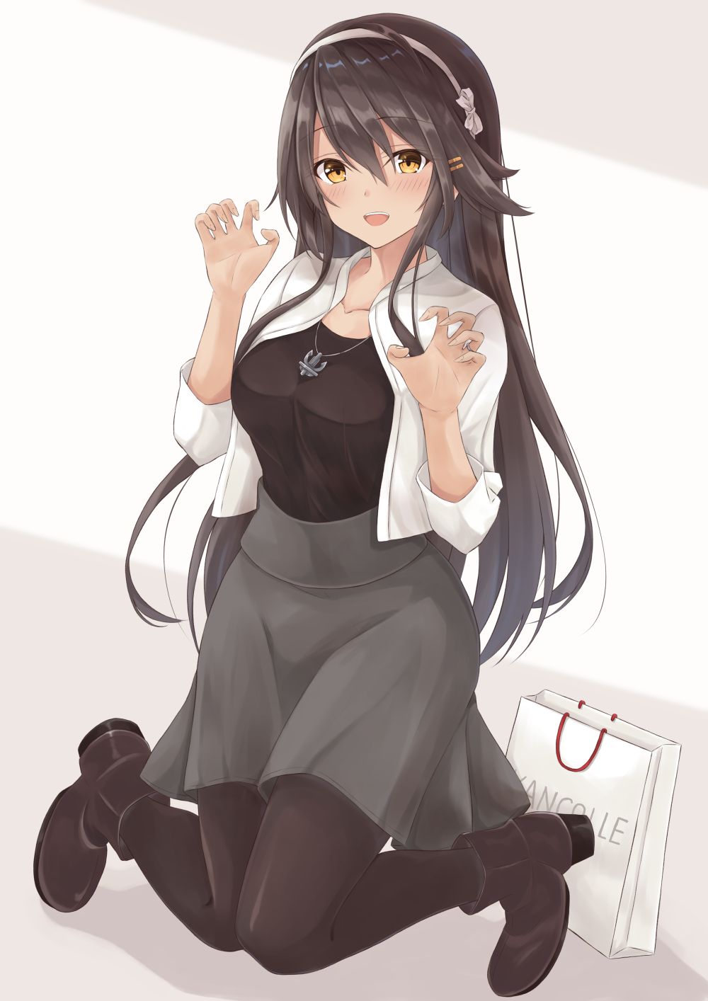 1girl anchor_necklace black_footwear black_hair black_legwear black_shirt boots breasts brown_eyes gensoukitan grey_skirt hair_ornament hairband hairclip haruna_(kancolle) highres jacket jewelry kantai_collection large_breasts long_hair medium_skirt official_alternate_costume open_clothes open_jacket pantyhose ring shirt skirt solo wedding_band white_hairband white_jacket