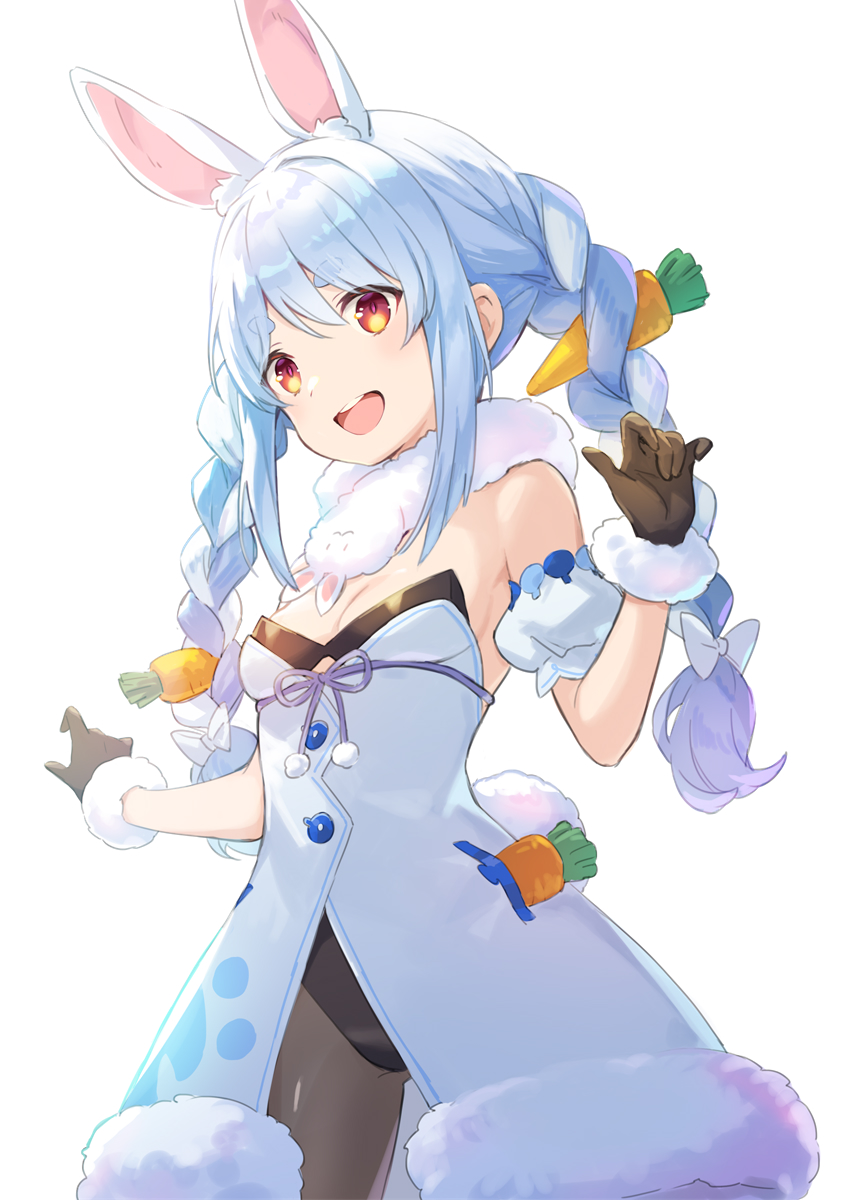 1girl ame8desu animal_ear_fluff animal_ears apron bangs bare_shoulders black_gloves black_legwear black_leotard blue_hair braid breasts bunny_tail carrot_hair_ornament coat cowboy_shot detached_sleeves don-chan_(usada_pekora) food_themed_hair_ornament fur-trimmed_coat fur-trimmed_gloves fur_scarf fur_trim gloves hair_ornament highres hikimayu hololive leotard leotard_under_clothes long_hair looking_at_viewer multicolored_hair orange_eyes pantyhose playboy_bunny puffy_short_sleeves puffy_sleeves rabbit_ears rabbit_girl scarf short_eyebrows short_sleeves simple_background small_breasts solo strapless strapless_coat strapless_leotard swept_bangs tail twin_braids twintails two-tone_hair upper_teeth usada_pekora waist_apron white_background white_coat white_hair white_scarf white_sleeves