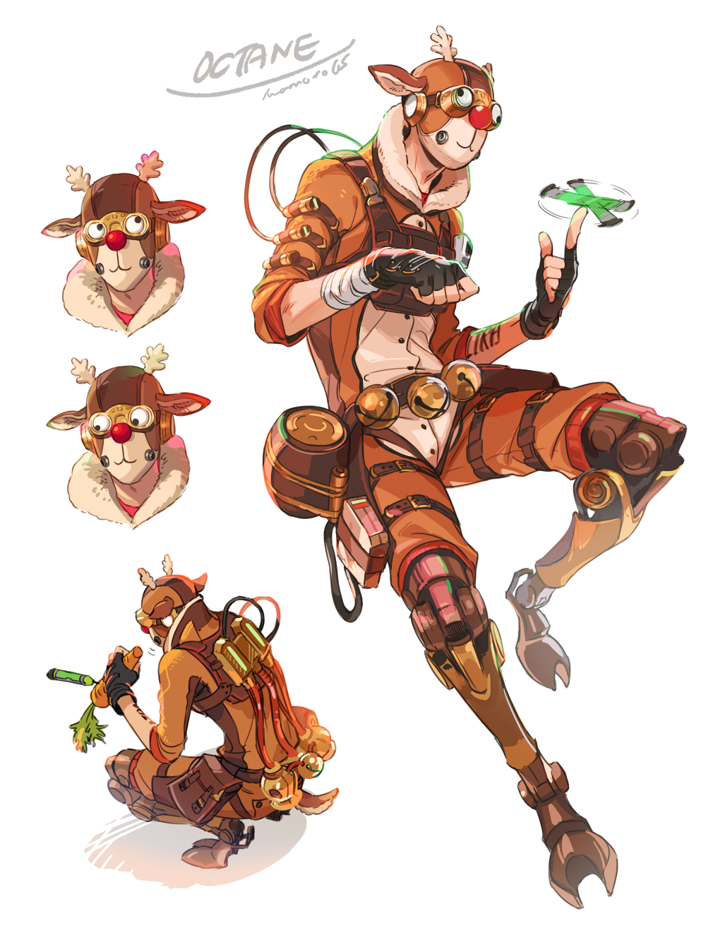 1boy animal_costume apex_legends black_gloves brown_headwear carrot clenched_hand fingerless_gloves food gloves googly_eyes highres holding holding_food iwamoto_zerogo looking_down looking_up mask multiple_views octane_(apex_legends) reindeer_costume spinning squatting white_background