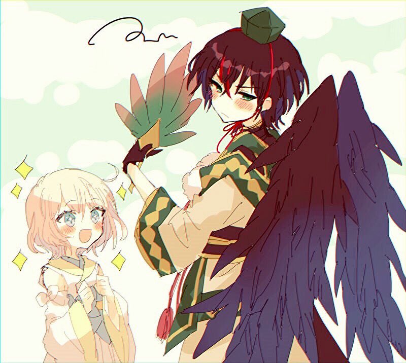 1boy 1girl :d ahoge black_wings blush brown_hair character_request detached_sleeves fan feathered_wings feathers fur_trim green_eyes hat hibi89 holding holding_fan japanese_clothes merc_storia multiple_boys open_mouth scribble smile sparkle sparkling_eyes tokin_hat wide_sleeves wings