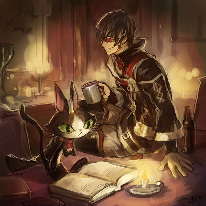 1boy animal black_eyes black_hair book bottle cait_sith_(ff7) candle colored_sclera crown cup desk final_fantasy final_fantasy_xiv fire flame goggles green_sclera grin hair_between_eyes holding holding_cup indoors on_desk open_book red-tinted_eyewear red_scarf scarf sitting sitting_on_desk sketch smile teeth uroko_(mnr)