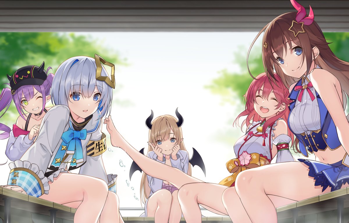 5girls akanebi amane_kanata armband bangs bare_shoulders bat_wings bibi_(tokoyami_towa) black_headwear blonde_hair blue_eyes blue_hair blue_jacket blue_neckwear blue_skirt bra_strap brown_hair choker closed_eyes collared_shirt demon_horns detached_sleeves feet_together foot_up frilled_skirt frills green_eyes hair_ornament hat hololive horns jacket japanese_clothes kimono long_hair looking_at_viewer midriff mini_wings multicolored_hair multiple_girls obi off-shoulder_jacket one_eye_closed parted_lips pink_hair precure purple_hair red_neckwear sakura_miko sash shirt short_hair silver_hair sitting skirt sleeveless sleeveless_jacket sleeveless_kimono sleeveless_shirt smile_precure! streaked_hair tokino_sora tokoyami_towa twintails white_kimono white_sleeves wide_sleeves wings yuzuki_choco