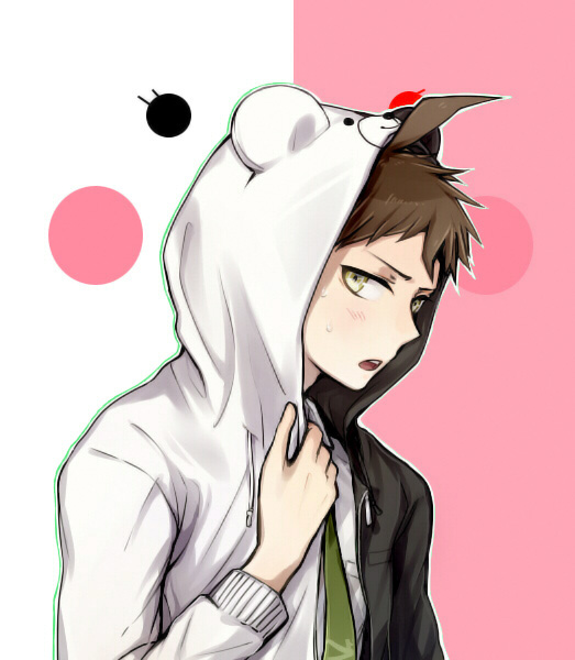 1boy ahoge alternate_costume bangs blush brown_eyes brown_hair character_print commentary_request dangan_ronpa_(series) dangan_ronpa_2:_goodbye_despair green_neckwear hand_up hinata_hajime hood hood_up hooded_jacket jacket long_sleeves looking_at_viewer looking_to_the_side male_focus monokuma monomi_(dangan_ronpa) necktie open_clothes open_jacket open_mouth shirt short_hair solo upper_body upper_teeth white_shirt xsinon