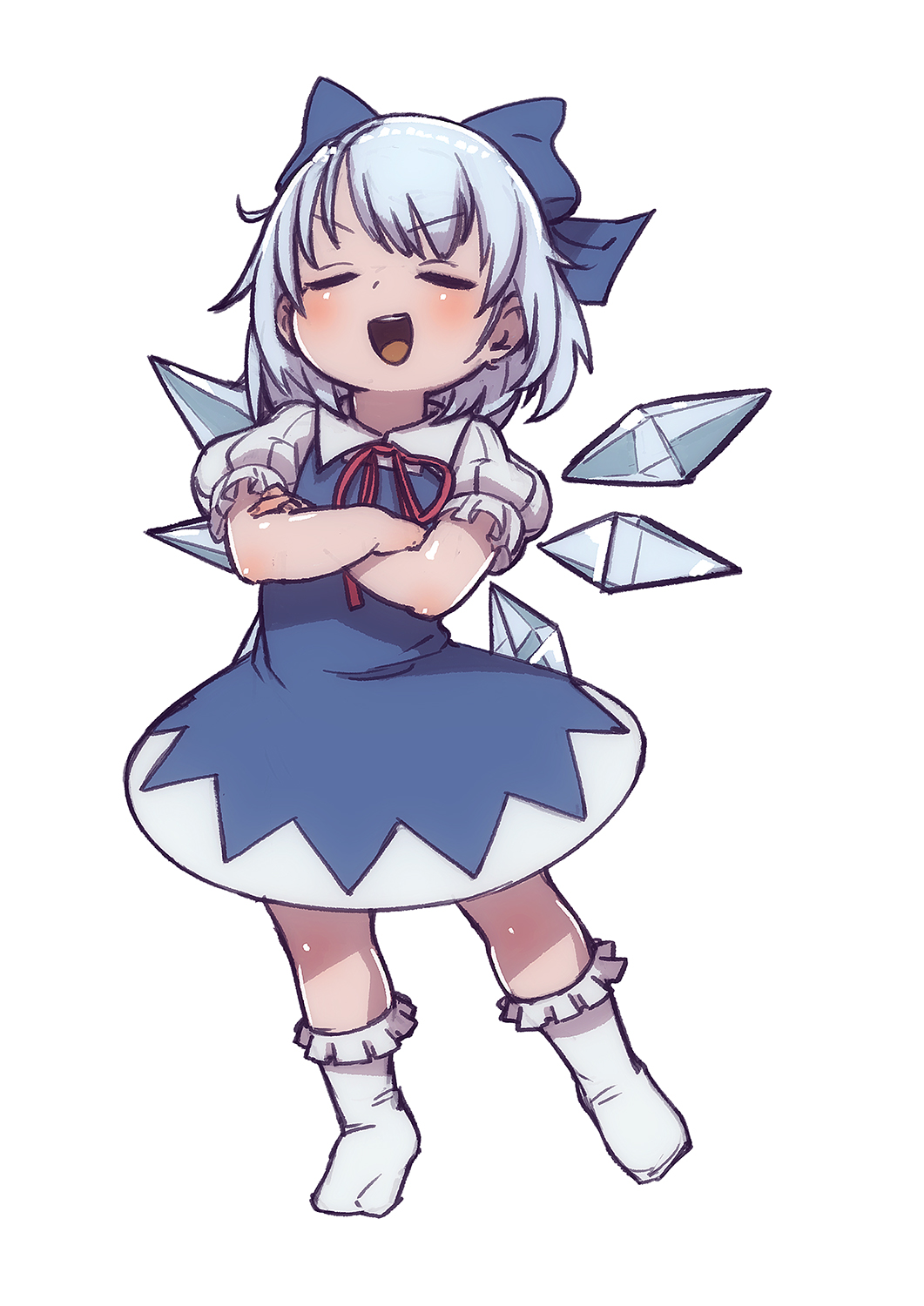 1girl blue_bow blue_dress blue_hair bow cirno closed_eyes crossed_arms dress feral_lemma hair_bow highres ice ice_wings open_mouth short_hair short_sleeves smile smug socks solo touhou wings |d