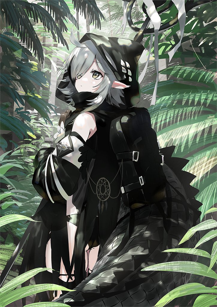 1girl ahoge arknights black_panties black_shirt black_sleeves crocodilian_tail detached_sleeves facing_away feet_out_of_frame grey_hair holding holding_staff hood hood_up looking_up multicolored_hair outdoors panties plant pointy_ears shirt short_hair solo staff streaked_hair tail tomimi_(arknights) underwear wasabi60 yellow_eyes