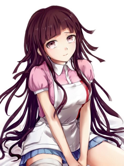 1girl apron bandaged_leg bandages bangs black_hair blue_skirt blunt_bangs blush breasts commentary_request dangan_ronpa_(series) dangan_ronpa_2:_goodbye_despair grey_background long_hair looking_at_viewer medium_breasts mole mole_under_eye nurse open_mouth pleated_skirt puffy_short_sleeves puffy_sleeves purple_hair short_sleeves simple_background sitting skirt smile solo tsumiki_mikan v_arms white_apron white_background xsinon