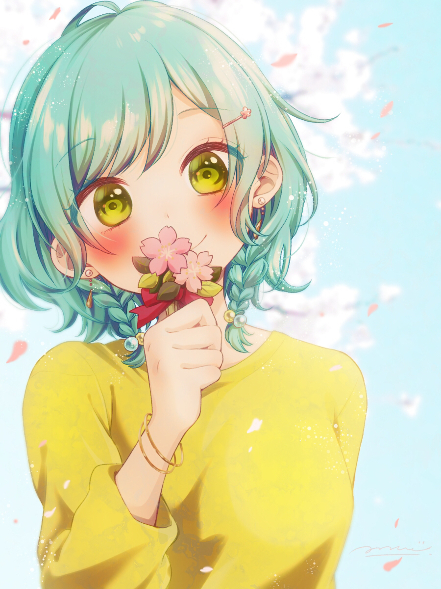 1girl ahoge aqua_hair artist_name bang_dream! bangs blurry blurry_background blush bracelet braid cherry_blossoms closed_mouth commentary_request covered_mouth day earrings eyebrows_visible_through_hair falling_petals flower green_eyes hair_bobbles hair_ornament hairclip hand_up head_tilt highres hikawa_hina holding holding_flower jewelry light_particles long_sleeves looking_at_viewer medium_hair outdoors petals pink_flower ruppi_ko shiny shiny_hair shirt side_braids signature smile solo swept_bangs twin_braids upper_body yellow_shirt