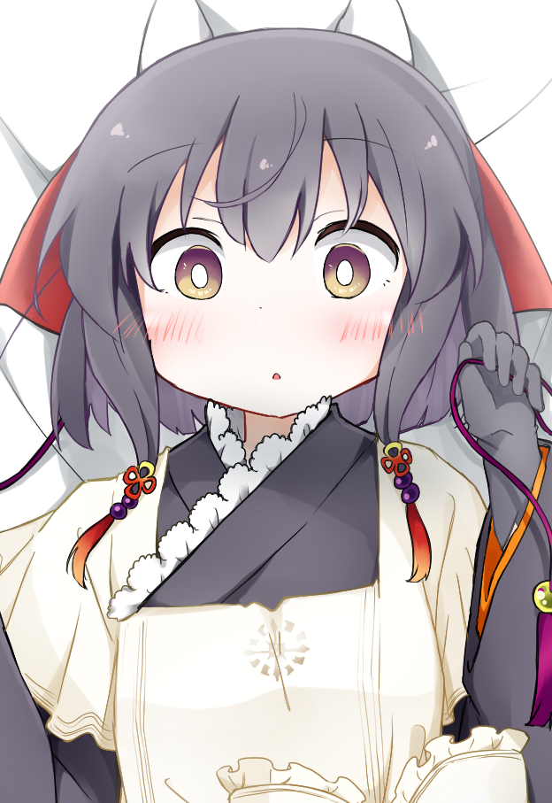 bangs black_gloves black_hair black_kimono blush bow brown_eyes character_request commentary_request cropped_torso dash_b elbow_gloves eyebrows_visible_through_hair gloves gradient_eyes hair_between_eyes hair_bow hair_ornament hand_up japanese_clothes kimono kirara_fantasia long_sleeves looking_at_viewer lying multicolored multicolored_eyes on_back red_bow short_hair upper_body white_bow
