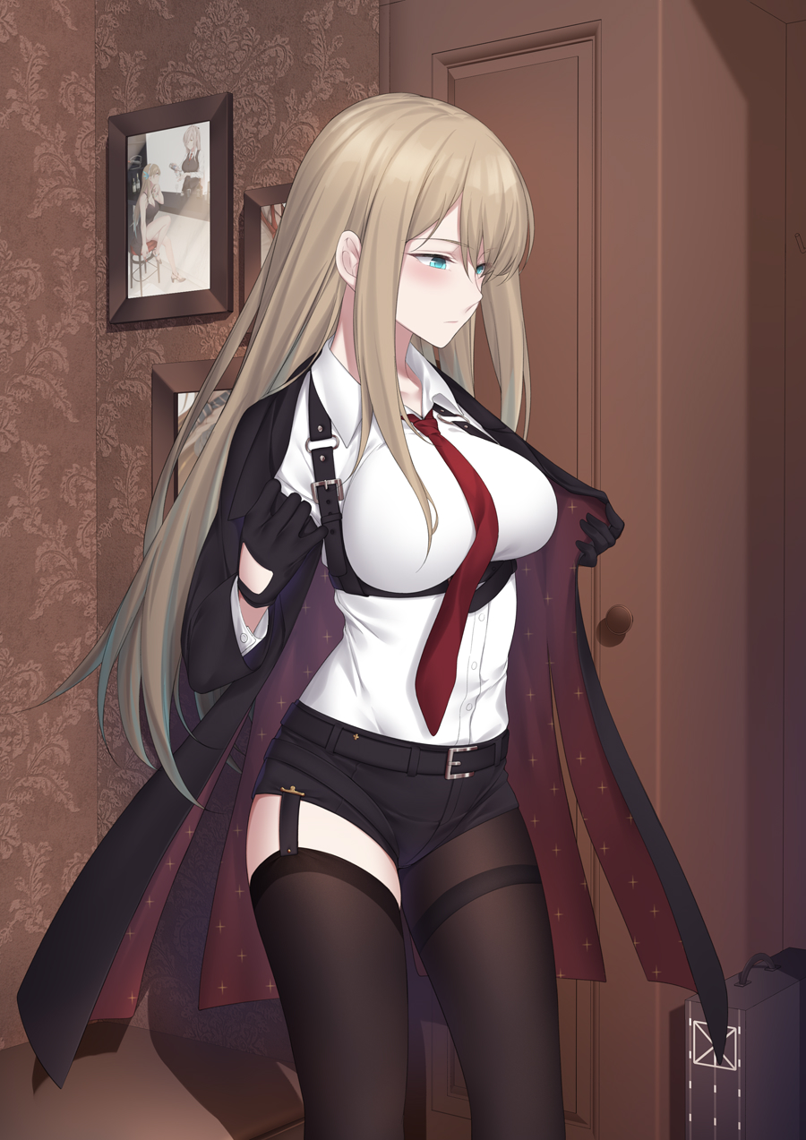 1girl alternate_costume asymmetrical_legwear black_gloves black_legwear black_shorts breasts garter_straps gloves green_eyes highres indoors large_breasts lexington_(cv-16)_(warship_girls_r) long_hair necktie pantyhose platinum_blonde_hair red_neckwear shirt short_shorts shorts single_leg_pantyhose solo thigh-highs thighband_pantyhose warship_girls_r white_shirt zhixiang_zhi