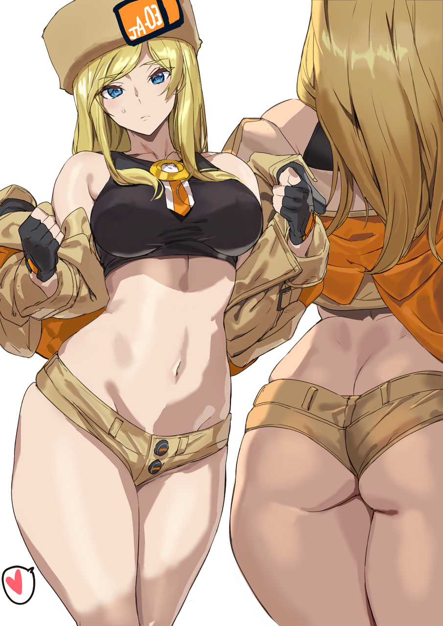1girl ashiomi_masato ass back bangs bare_shoulders beige_jacket black_gloves blonde_hair blue_eyes breasts fingerless_gloves fur_hat gloves guilty_gear guilty_gear_strive hat highres jacket large_breasts long_hair long_sleeves looking_at_viewer micro_shorts millia_rage off_shoulder open_clothes open_jacket shorts thighs ushanka