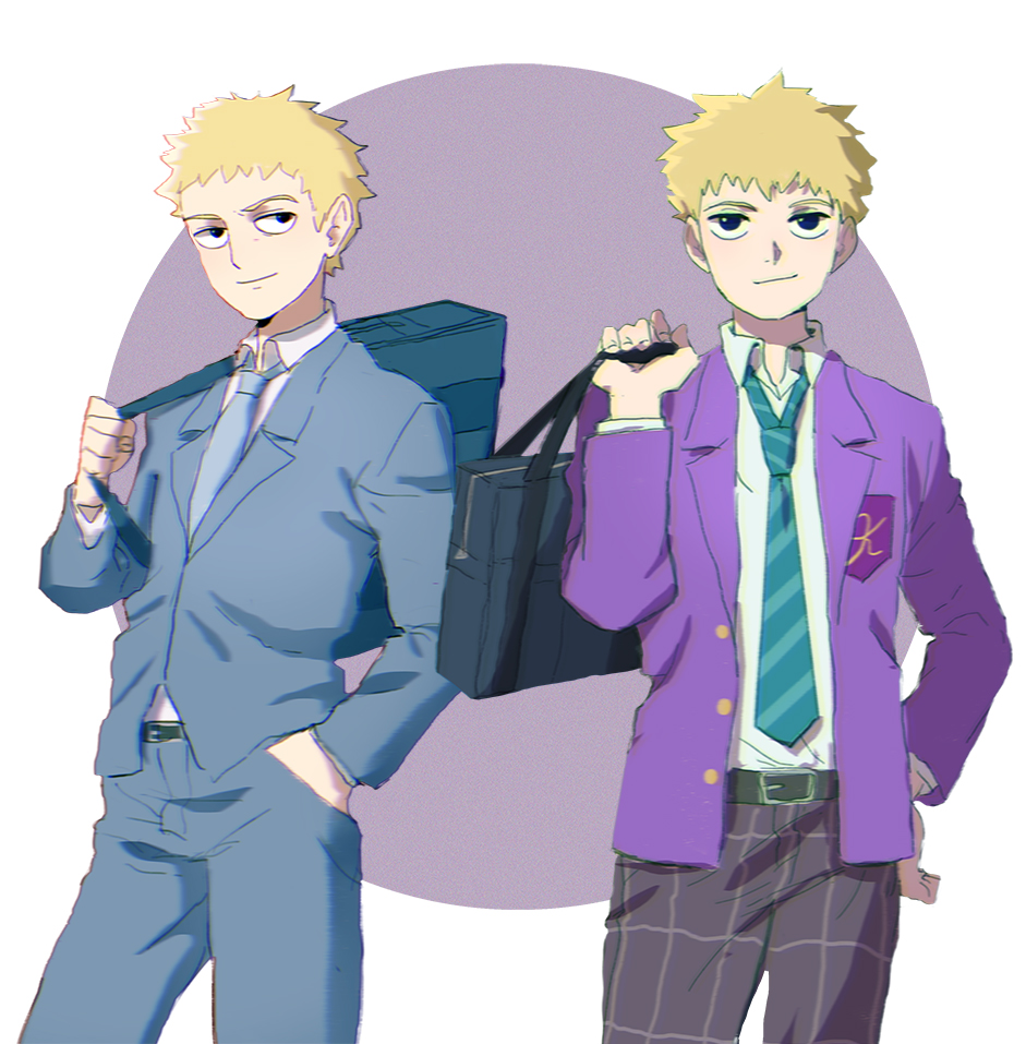 1boy belt black_eyes blonde_hair formal hanazawa_teruki hand_in_pocket hand_on_hip male_focus mob_psycho_100 multiple_views necktie pants plaid plaid_pants sam_holiday school_uniform short_hair sketch smile standing suit