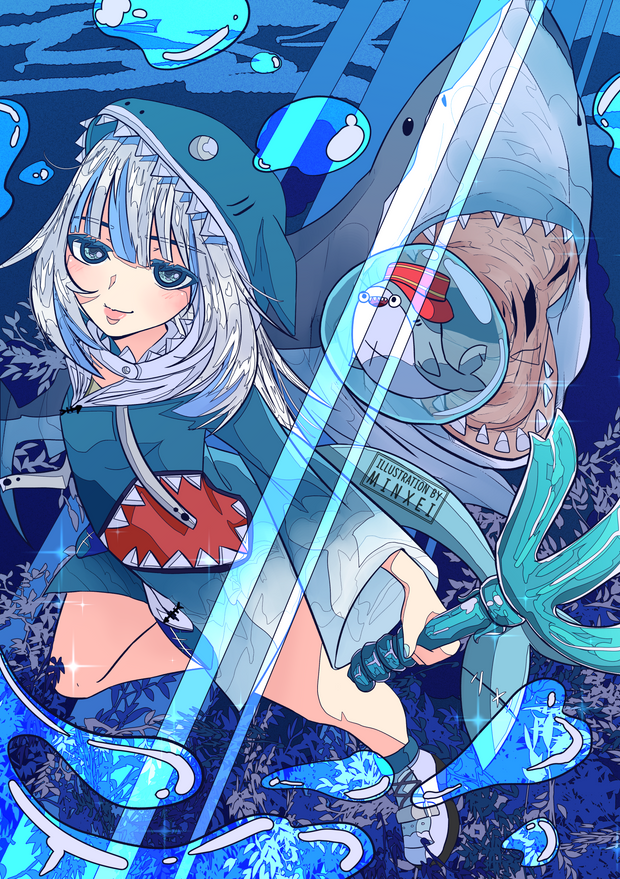 1girl artist_name bloop_(gawr_gura) blue_eyes blue_theme gawr_gura holding holding_weapon hololive hololive_english looking_at_viewer minxei open_mouth polearm reward_available shark smile trident underwater virtual_youtuber watermark weapon white_hair