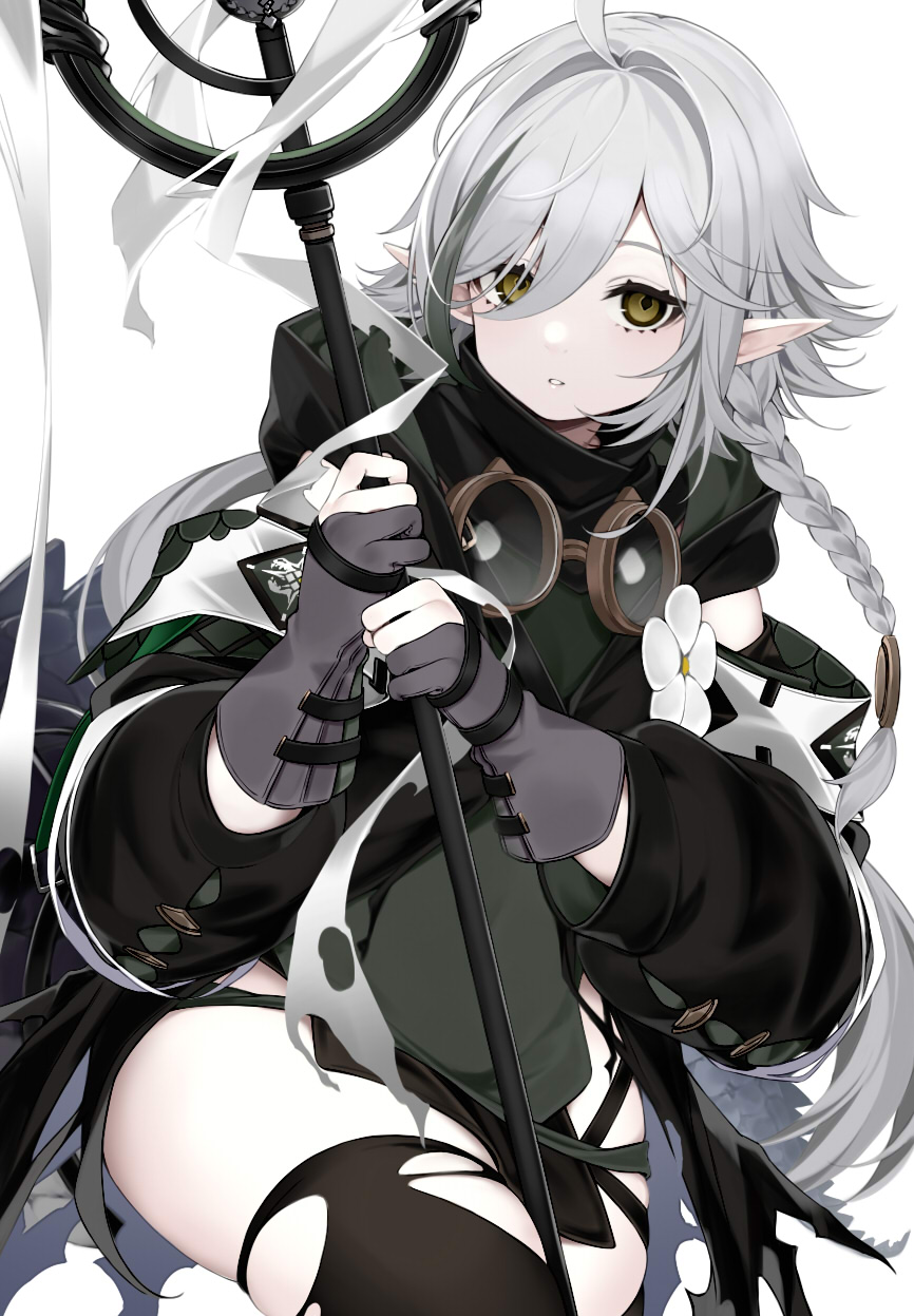 1girl ahoge arknights black_legwear black_sleeves braid cowboy_shot detached_sleeves e_draw_paint gloves green_shirt grey_gloves grey_hair highres holding holding_staff looking_at_viewer multicolored_hair pointy_ears shirt simple_background single_braid solo staff streaked_hair thigh-highs thighs tomimi_(arknights) torn_clothes torn_legwear white_background yellow_eyes