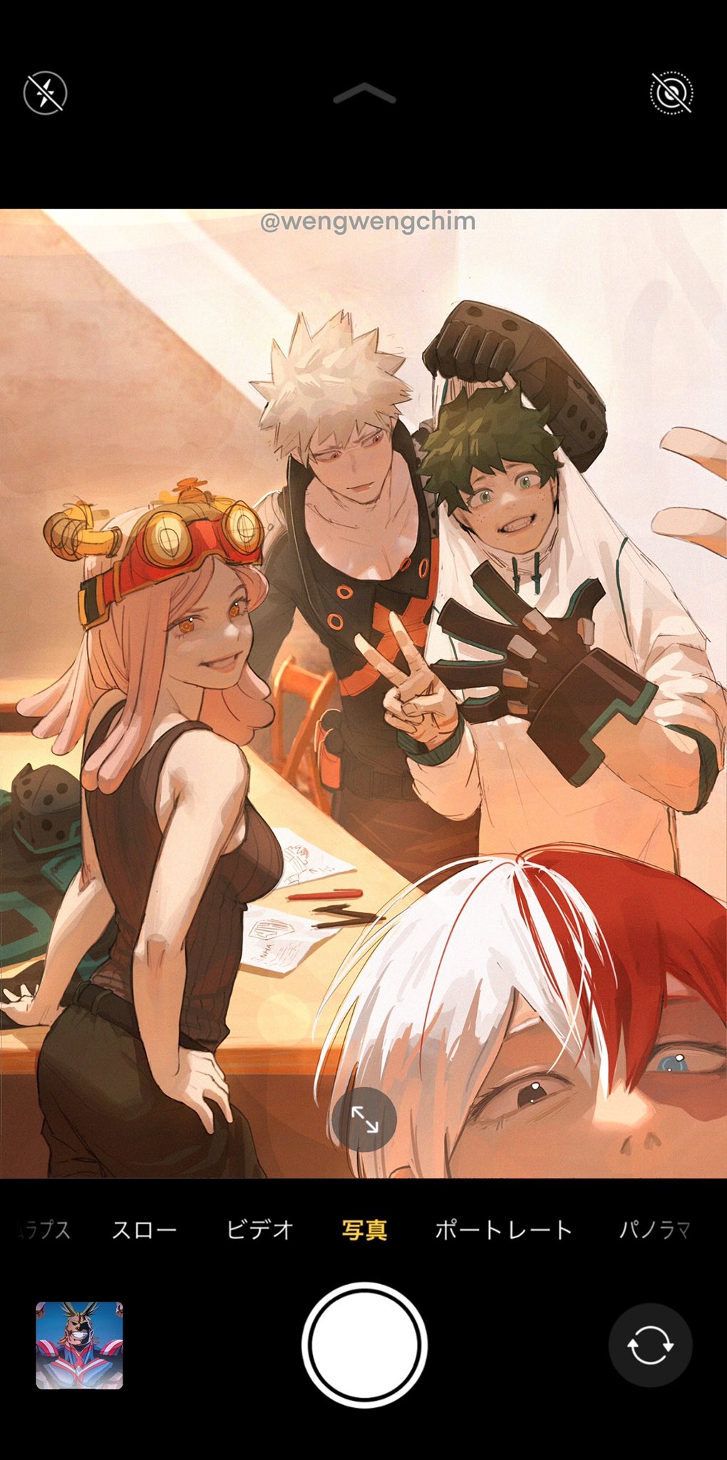 1girl 3boys all_might arm_up artist_name ass bakugou_katsuki black_gloves black_pants black_tank_top blue_eyes boku_no_hero_academia breasts collarbone commentary_request gloves goggles goggles_on_head green_eyes green_hair grin hair_between_eyes hand_up hatsume_mei highres holding long_sleeves looking_at_another male_focus mask mask_removed medium_breasts medium_hair midoriya_izuku mouth_mask multicolored_hair multiple_boys pants pen phone_screen pink_hair red_eyes redhead shirt shirt_pull short_hair smile tank_top todoroki_shouto translation_request two-tone_hair v wengwengchim white_hair