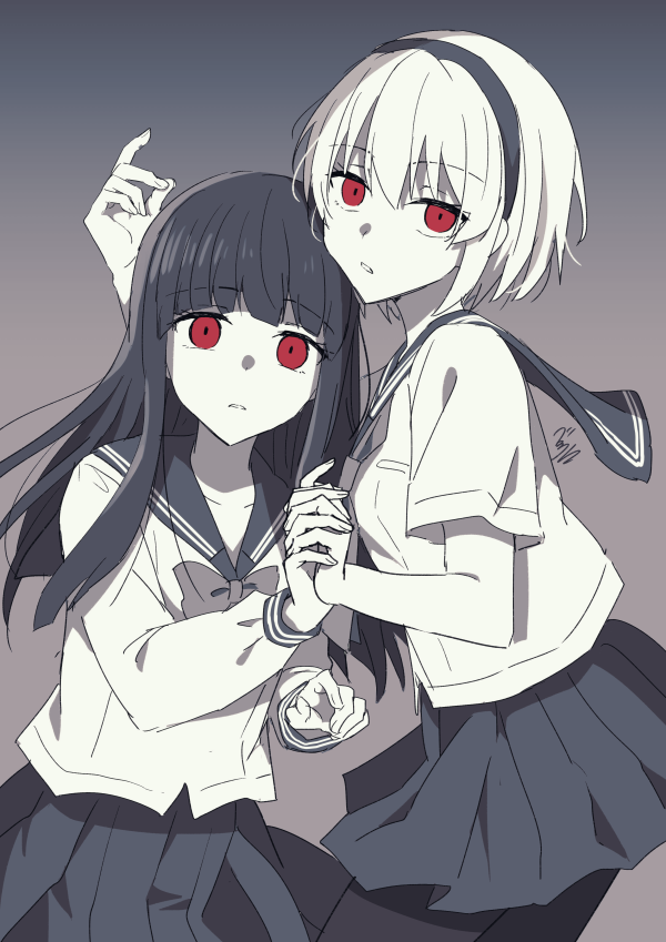 2girls arms_up bangs bekkourico black_hair black_hairband bow bowtie breasts commentary cowboy_shot eyebrows_visible_through_hair furude_rika gradient gradient_background grey_background grey_neckwear grey_sailor_collar grey_skirt hairband higurashi_no_naku_koro_ni holding_hands houjou_satoko interlocked_fingers long_hair long_sleeves medium_breasts monochrome multiple_girls neckerchief parted_lips pleated_skirt red_eyes sailor_collar shirt short_hair short_sleeves signature simple_background skirt small_breasts spot_color unhappy white_hair white_shirt