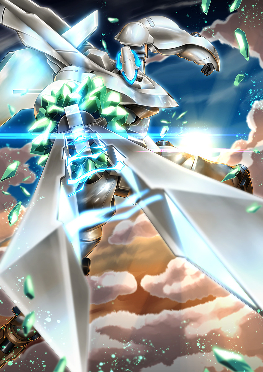 clouds crystal debris electricity floating fumizuki_homura glowing highres holding holding_sword holding_weapon mark_sein mecha no_humans pointing_sword science_fiction sky solo soukyuu_no_fafner sun sunlight sword weapon