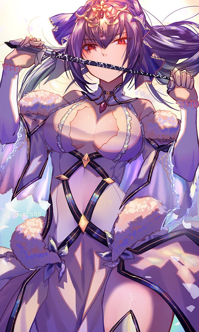 1girl breasts dress fate/grand_order fate_(series) fur-trimmed_dress fur_trim hair_between_eyes headpiece hidden_mouth holding holding_wand looking_at_viewer march_ab medium_breasts purple_dress purple_hair purple_ribbon red_eyes ribbon scathach_(fate)_(all) scathach_skadi_(fate) solo tiara wand