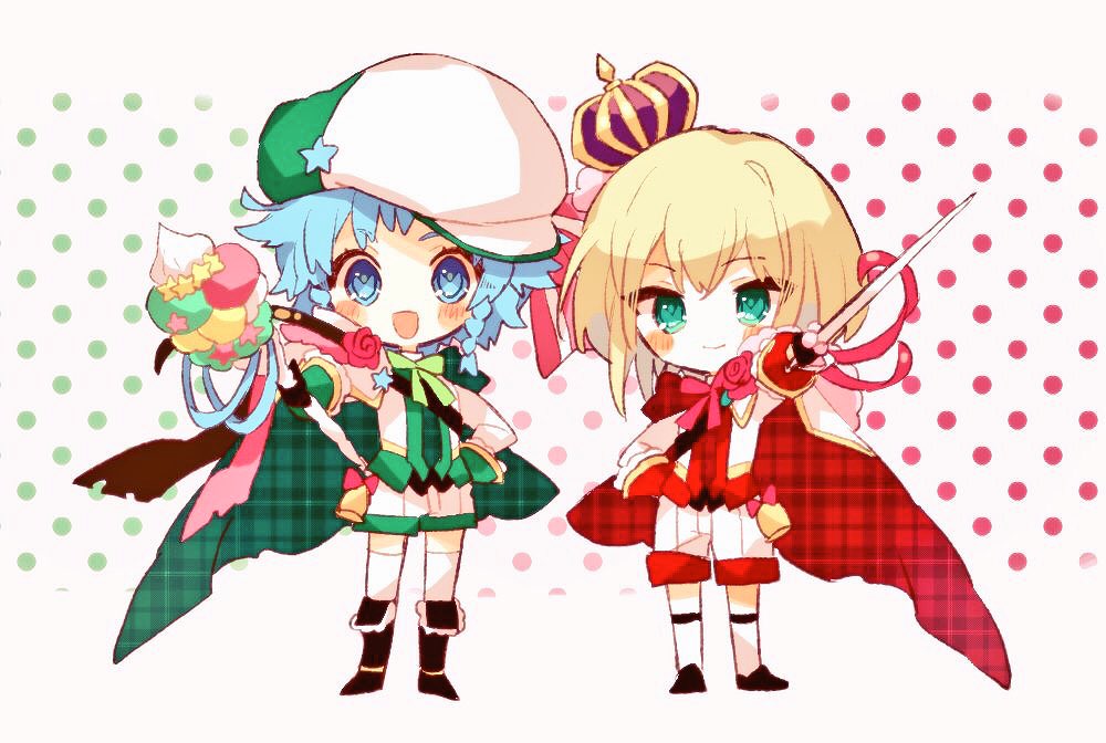 2girls bangs blonde_hair blue_eyes blue_hair blush boots bow bowtie cape character_request chibi eyebrows_visible_through_hair flower green_neckwear hat hibi89 holding holding_staff holding_sword holding_weapon kneehighs looking_at_viewer merc_storia multiple_girls open_mouth pink_neckwear plaid_cape polka_dot polka_dot_background puffy_shorts rose short_hair shorts smile staff star_(symbol) sword thigh-highs two-sided_cape two-sided_fabric weapon white_legwear