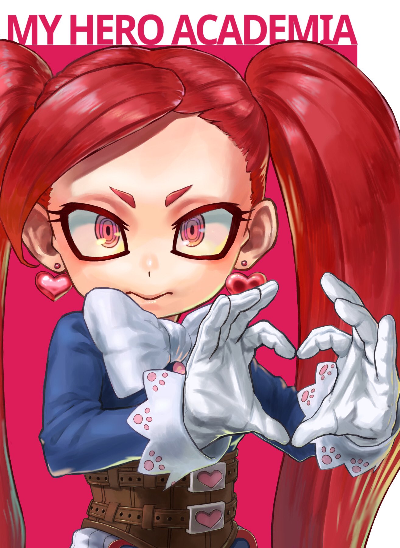 1girl 4o080_yotabnc boku_no_hero_academia bow bowtie commentary_request copyright_name earrings gloves heart heart_earrings heart_hands highres jewelry la_brava long_hair pink_background redhead solo twintails two-tone_background very_long_hair white_background white_bow white_neckwear