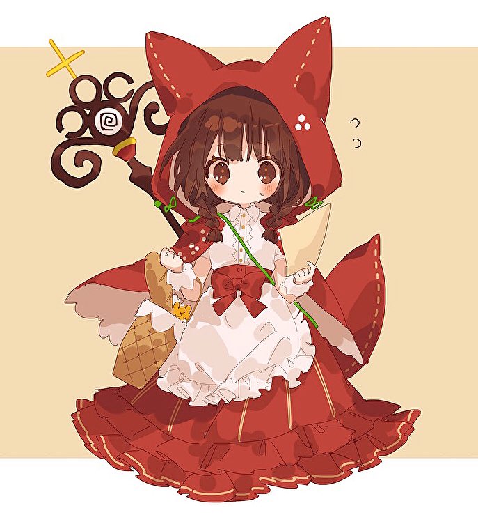 1girl animal_ears apron bangs basket blush bow bow_dress braid bread brown_eyes brown_hair cape character_request dress food frilled_apron frilled_dress frills hibi89 holding holding_basket holding_paper hood looking_at_viewer low_twin_braids merc_storia paper red_bow red_cape red_hood red_skirt skirt solo sweatdrop twin_braids white_apron