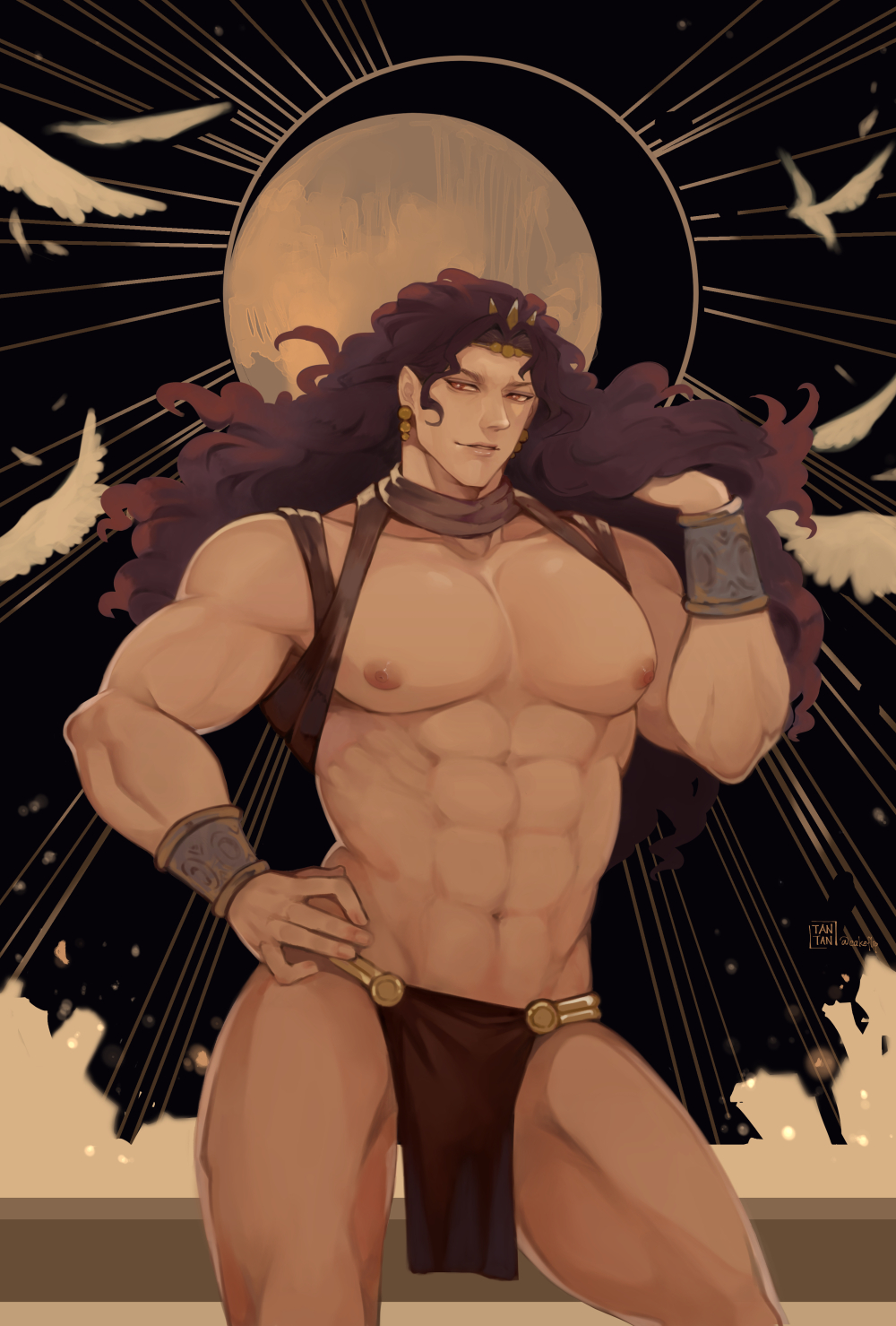 1boy abs battle_tendency biceps bird bracelet circlet collarbone earrings hand_in_hair hand_on_hip highres horns jewelry jojo_no_kimyou_na_bouken kars_(jojo) ketanbakar large_pectorals loincloth long_hair looking_at_viewer male_focus manly muscular muscular_male navel nipples open_mouth pectorals purple_hair red_eyes shirtless smile solo wavy_hair