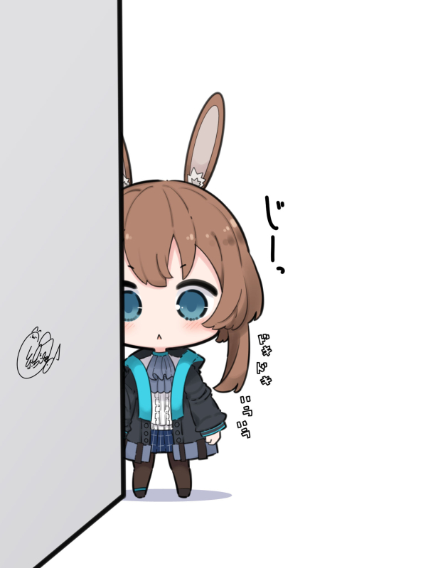 1girl :&lt; amiya_(arknights) animal_ear_fluff animal_ears arknights bangs beni_shake black_footwear black_jacket blue_eyes blue_skirt brown_hair brown_legwear center_frills chibi commentary_request eyebrows_visible_through_hair frills full_body hood hood_down hooded_jacket jacket long_hair looking_at_viewer open_clothes open_jacket pantyhose parted_lips pleated_skirt rabbit_ears shadow shirt shoes signature skirt solo standing translated triangle_mouth v-shaped_eyebrows white_background white_shirt