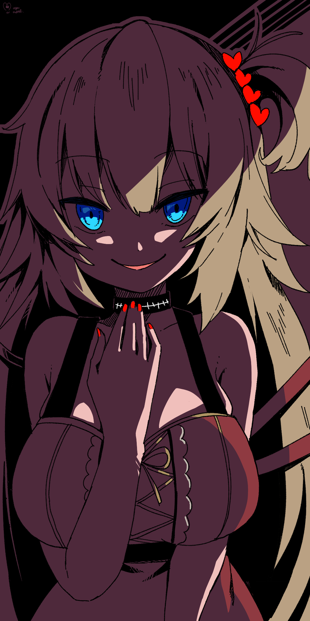 1girl akai_haato armpit_crease bangs blonde_hair blue_eyes breasts commentary_request dress hair_ornament hair_ribbon hand_on_own_neck heart heart_hair_ornament highres hololive large_breasts looking_at_viewer magowasabi nail_polish red_dress ribbon shadow sinister smile solo stitches virtual_youtuber