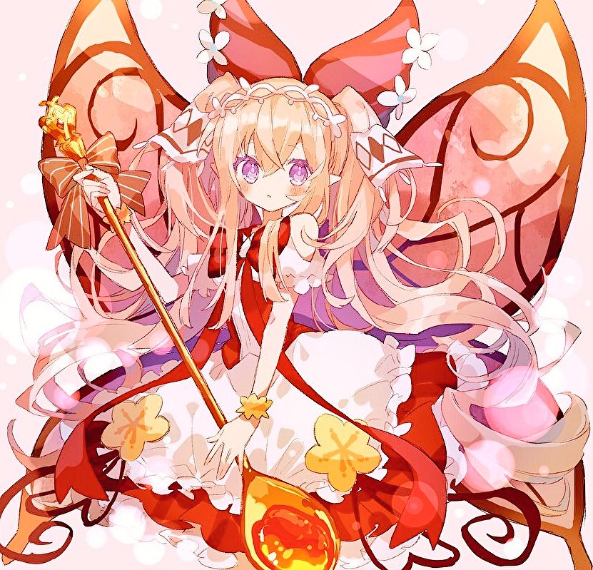 1girl bangs bare_shoulders blush bow bow_dress butterfly_wings character_request dress eyebrows_visible_through_hair frilled_dress frills hair_between_eyes hair_bow hibi89 holding holding_spoon layered_dress long_hair looking_at_viewer merc_storia pointy_ears red_bow red_dress ribbon sidelocks solo spoon tiara twintails very_long_hair violet_eyes wings wrist_cuffs