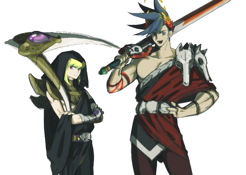 2boys belt blue_eyes blue_hair cosplay crossed_arms galo_thymos gauntlets greek_clothes green_hair hades_(game) hand_on_hip hood hood_up juzhi_tangjiang laurel_crown lio_fotia male_focus multiple_boys open_mouth promare scythe single_bare_shoulder single_gauntlet skull smile sword thanatos_(hades) thanatos_(hades)_(cosplay) violet_eyes weapon zagreus_(hades) zagreus_(hades)_(cosplay)